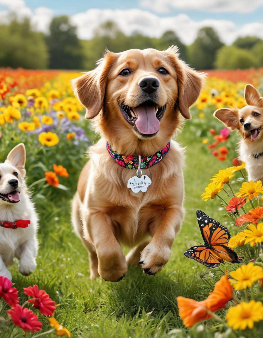 A vibrant collage of adorable dogs in various breeds engaging in playful activities, such as a puppy chasing a butterfly, a Dachshund wearing a cute bandana, and a Golden Retriever playing in a field of flowers. The background is bright and cheerful, filled with colorful toys and treats, emphasizing the joy of canine companionship. super-realistic. vibrant colors. white background.