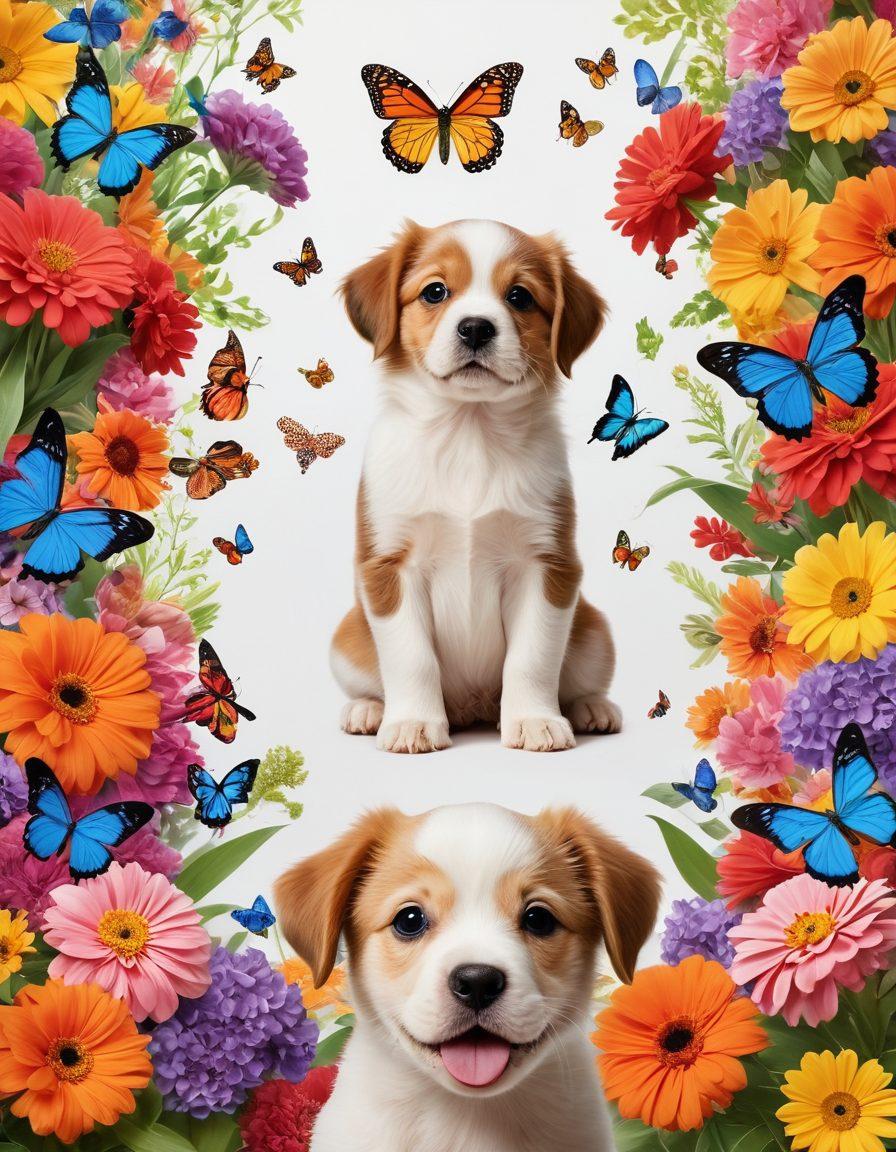A heartwarming collage of adorable puppies of various breeds, each displayed in playful poses, framed by a backdrop of whimsical nature elements like flowers and butterflies. Intersperse artistic brushes and camera shutters to symbolize the transition from puppies to stunning portraits. The colors should be soft and inviting, evoking joy and warmth. super-realistic. vibrant colors. white background.